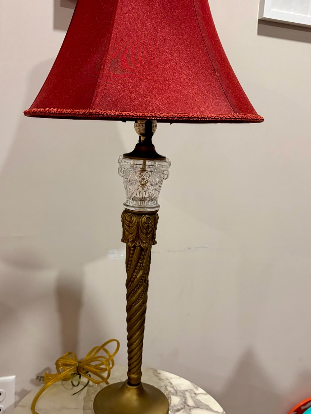 Hollywood Regency Vintage Lamp with glass and brass with burgundy shade